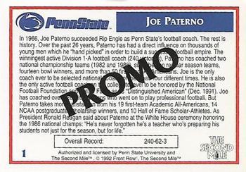 1991-92 Front Row Penn State Nittany Lions All-Americans - Promos #1 Joe Paterno Back