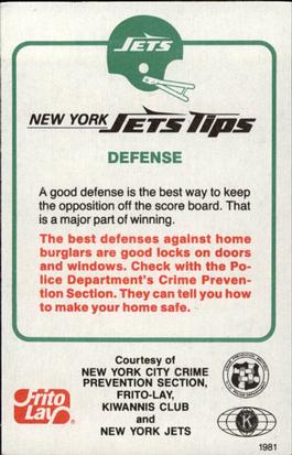 1981 New York Jets Police #93 Marty Lyons Back