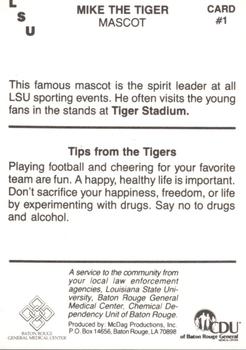 1989 LSU Tigers Police #1 Mike the Tiger Back