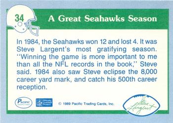 1989 Pacific Steve Largent #34 Seahawks Record: 12-4 in 1984 Back