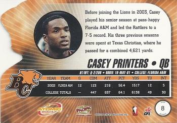 2003 Pacific Atomic CFL #8 Casey Printers Back