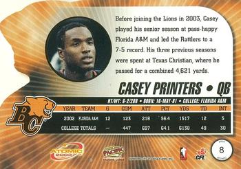 2003 Pacific Atomic CFL - Red #8 Casey Printers Back