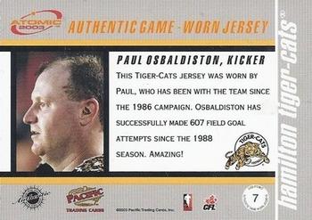 2003 Pacific Atomic CFL - Game-Worn Jerseys #7 Paul Osbaldiston Back