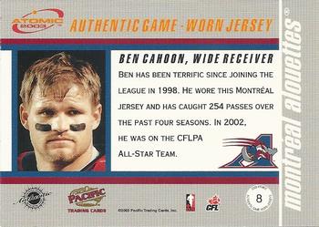 2003 Pacific Atomic CFL - Game-Worn Jerseys #8 Ben Cahoon Back