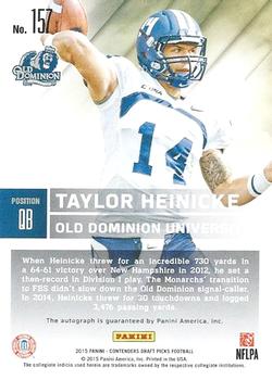 2015 Panini Contenders Draft Picks - College Draft Ticket Blue Foil #157 Taylor Heinicke Back