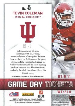 2015 Panini Contenders Draft Picks - Game Day Tickets #45 Tevin Coleman Back