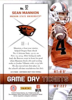 2015 Panini Contenders Draft Picks - Game Day Tickets #92 Sean Mannion Back