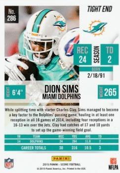 2015 Score - Gold Zone #286 Dion Sims Back
