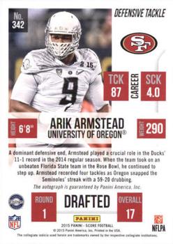 2015 Score - Rookie Signatures Scorecard #342 Arik Armstead Back