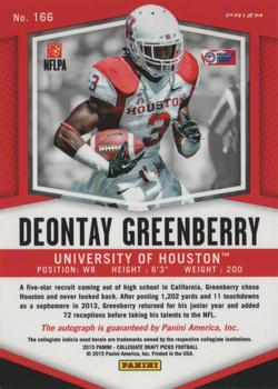 2015 Panini Prizm Collegiate Draft Picks - Autographs Prizms #166 Deontay Greenberry Back