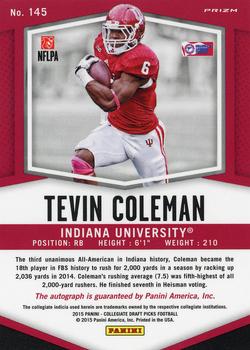 2015 Panini Prizm Collegiate Draft Picks - Autographs Prizms Purple #145 Tevin Coleman Back
