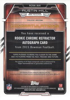 2015 Bowman - Rookie Chrome Refractor Autographs #RCRA-AHI Austin Hill Back