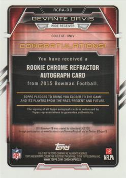 2015 Bowman - Rookie Chrome Refractor Autographs #RCRA-DD Devante Davis Back