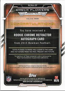2015 Bowman - Rookie Chrome Refractor Autographs #RCRA-EF Ereck Flowers Back
