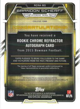 2015 Bowman - Rookie Chrome Refractor Autographs Blue #RCRA-BS Brandon Scherff Back