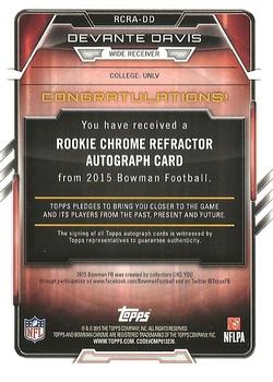 2015 Bowman - Rookie Chrome Refractor Autographs Blue #RCRA-DD Devante Davis Back