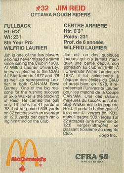 1984 McDonald's Ottawa Rough Riders (CFL) #NNO Jim Reid Back