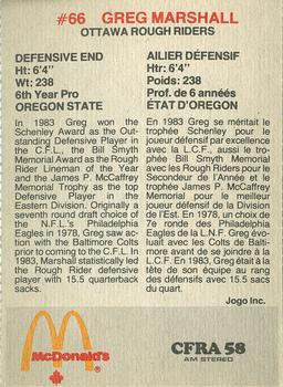 1984 McDonald's Ottawa Rough Riders (CFL) #NNO Greg Marshall Back
