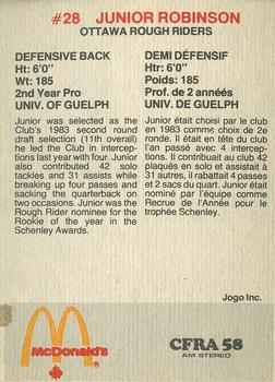 1984 McDonald's Ottawa Rough Riders (CFL) #NNO Junior Robinson Back