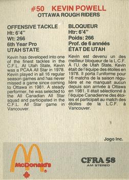 1984 McDonald's Ottawa Rough Riders (CFL) #NNO Kevin Powell Back