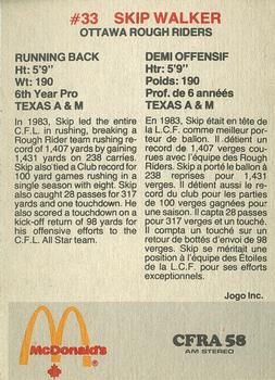 1984 McDonald's Ottawa Rough Riders (CFL) #NNO Skip Walker Back