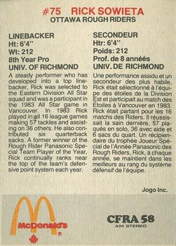 1984 McDonald's Ottawa Rough Riders (CFL) #NNO Rick Sowieta Back