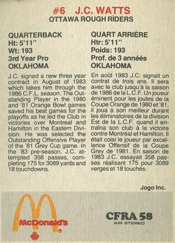 1984 McDonald's Ottawa Rough Riders (CFL) #NNO J.C. Watts Back