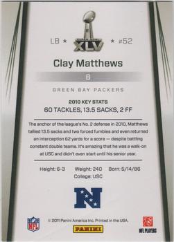 2011 Panini Green Bay Packers Super Bowl XLV #8 Clay Matthews Back