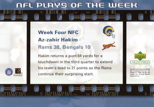 2000 Upper Deck NFL Plays of the Week #NNO Az-Zahir Hakim Back