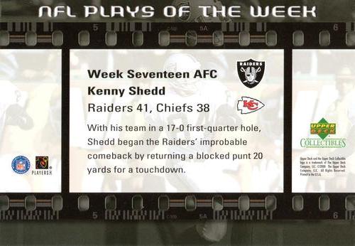 2000 Upper Deck NFL Plays of the Week #NNO Kenny Shedd Back