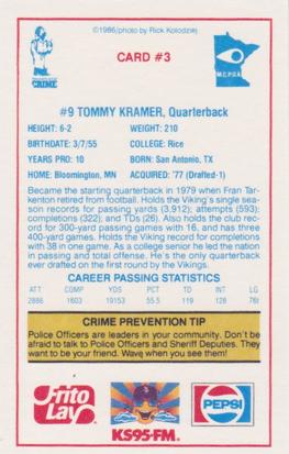 1986 Minnesota Vikings Police #3 Tommy Kramer Back