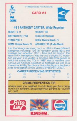 1986 Minnesota Vikings Police #4 Anthony Carter Back