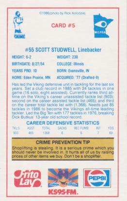 1986 Minnesota Vikings Police #5 Scott Studwell Back