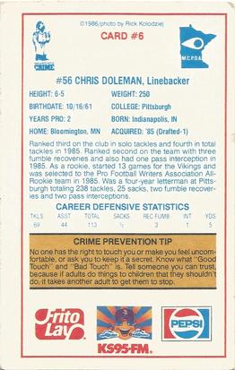1986 Minnesota Vikings Police #6 Chris Doleman Back