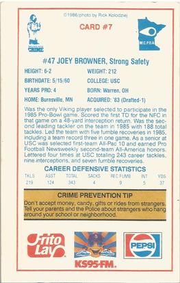 1986 Minnesota Vikings Police #7 Joey Browner Back