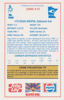 1986 Minnesota Vikings Police #13 Doug Martin Back