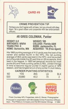 1984 Minnesota Vikings Police #9 Greg Coleman Back