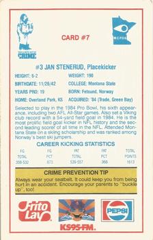 1985 Minnesota Vikings Police #7 Jan Stenerud Back