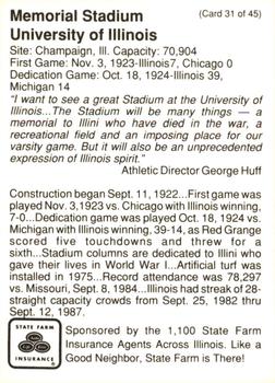 1990 State Farm Insurance Illinois Fighting Illini Centennial #31 Memorial Stadium Back
