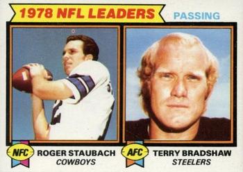 1979 Topps - Cream Colored Back #1 1978 Passing Leaders (Roger Staubach / Terry Bradshaw) Front