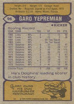 1979 Topps - Cream Colored Back #96 Garo Yepremian Back