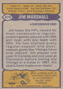 1979 Topps - Cream Colored Back #274 Jim Marshall Back
