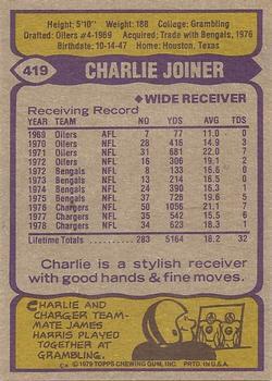 1979 Topps - Cream Colored Back #419 Charlie Joiner Back