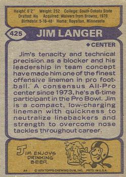 1979 Topps - Cream Colored Back #425 Jim Langer Back