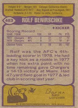 1979 Topps - Cream Colored Back #483 Rolf Benirschke Back