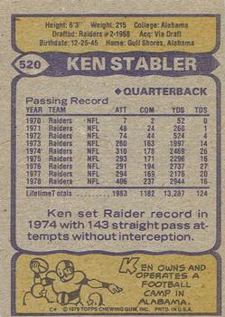 1979 Topps - Cream Colored Back #520 Ken Stabler Back