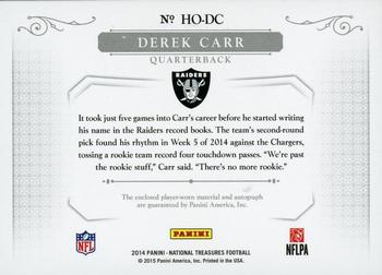 2014 Panini National Treasures - Rookie Hats Off Signatures NFL Shield Laundry Tag #HO-DC Derek Carr Back