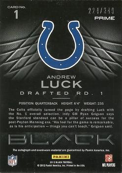2012 Panini Black - Rookie Signature Materials Prime #1 Andrew Luck Back