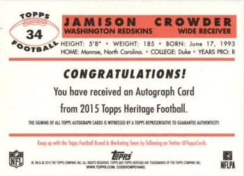 2015 Topps Heritage - Autographs #34 Jamison Crowder Back