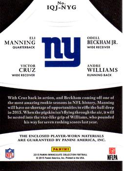 2015 Panini Immaculate Collection - Immaculate Quads Jersey Gold #IQJ-NYG Eli Manning / Odell Beckham Jr. / Victor Cruz / Andre Williams Back
